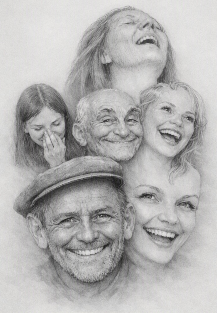 Desenho a lápis de seis rostos a sorrir e a rir: dois homens de idade, um deles de boné, três mulheres e uma rapariga que tapa a boca com a mão.
