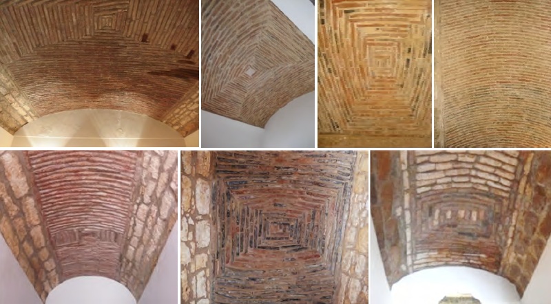 Mosaico de sete fotografias de abóbadas de tijolo vistas de baixo, umas em berço e outras com fiadas em retângulos concêntricos.