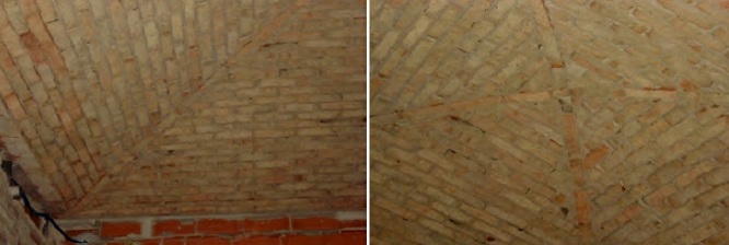 Duas fotografias de abóbadas de tijolo vistas de baixo, com as fiadas a convergir em arestas diagonais que se cruzam.