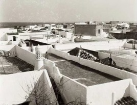 Fotografia antiga a preto e branco de açoteias brancas com uma chaminé rendilhada, um telhado de telha e a ria no horizonte.