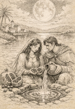 Desenho a sépia de um casal junto a uma nascente sob a lua cheia: ela segura uma romã aberta, ele verte água de um cântaro de barro.