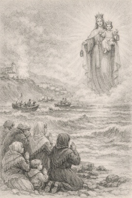 Desenho a preto e branco: Nossa Senhora do Carmo com o Menino surge em luz sobre o mar agitado e barcos de pesca, e mulheres rezam ajoelhadas na praia