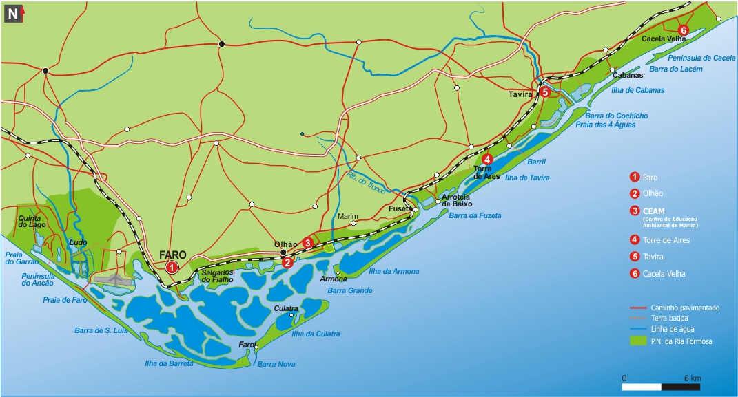 Mapa do Parque Natural da Ria Formosa, do Ancão a Cacela, com ilhas-barreira, estradas e seis pontos de interesse numerados.