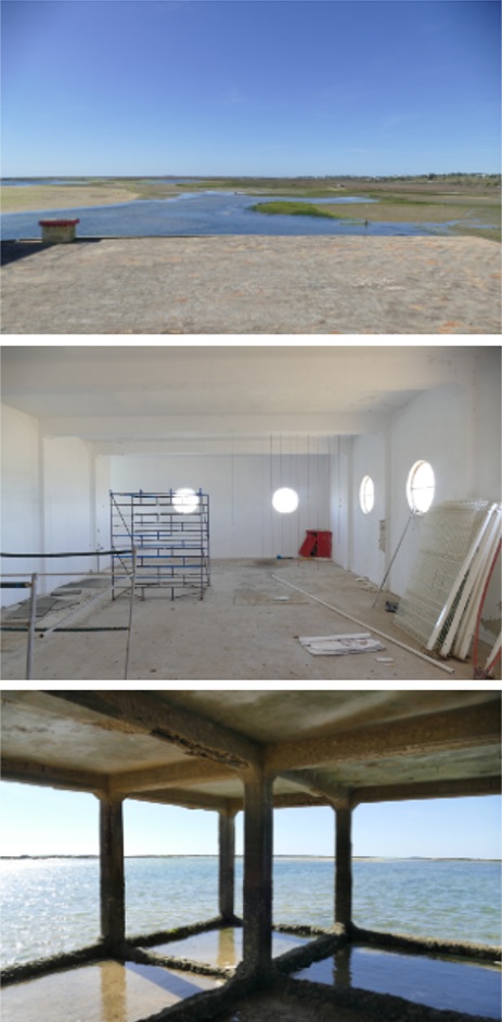 Três fotografias: terraço do Salva-Vidas sobre a ria, interior branco com janelas redondas e andaimes, e pilares de betão sobre a água.