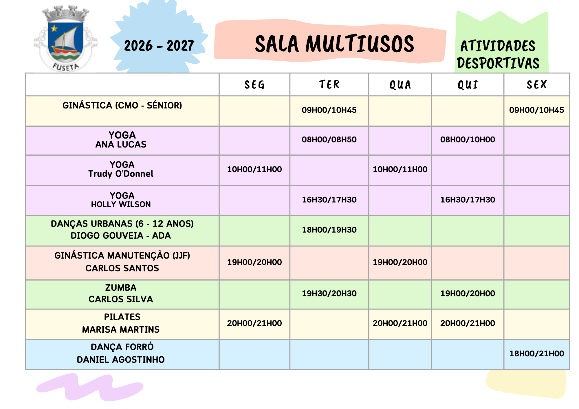 Cartaz da Sala Multiusos com o horário das atividades desportivas de 2026-2027, igual ao horário desta página
